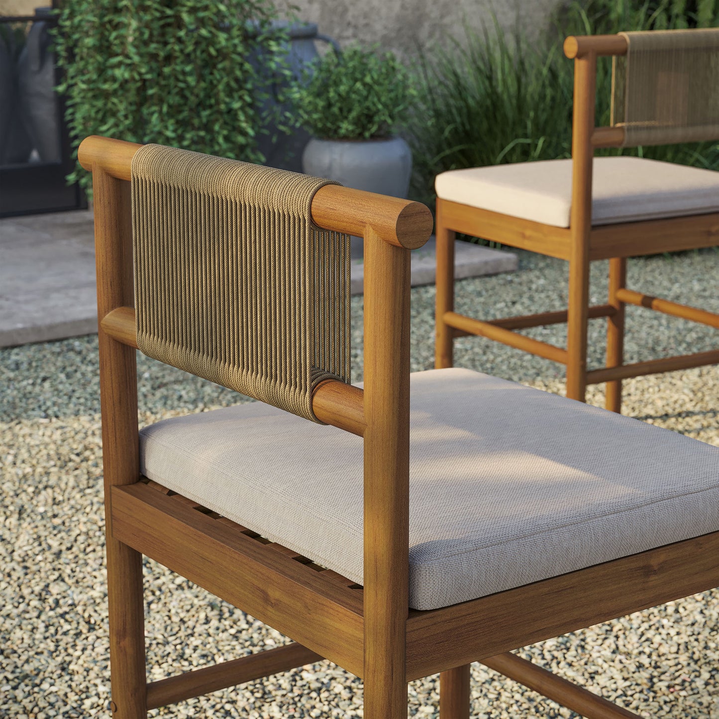 Lyric Outdoor Patio Teak Wood Counter Stools Set of 2 in Natural Sail