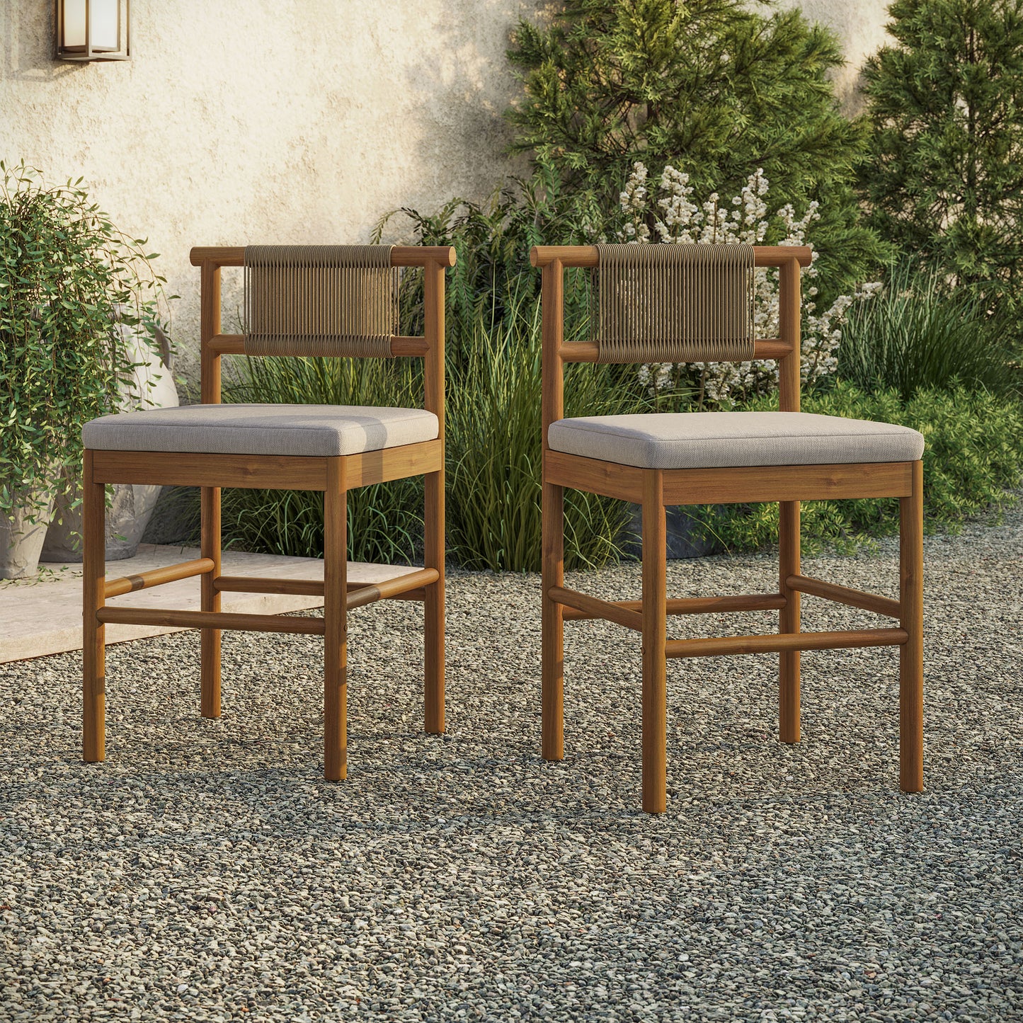 Lyric Outdoor Patio Teak Wood Counter Stools Set of 2 in Natural Sail