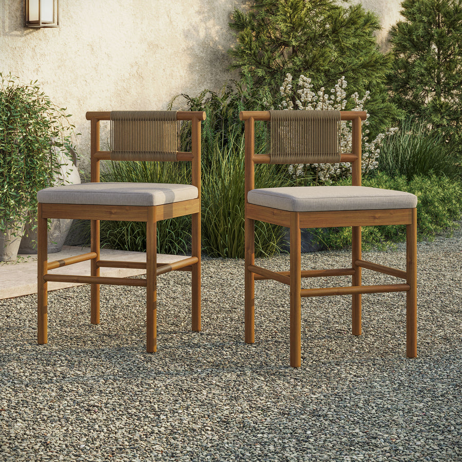 Lyric Outdoor Patio Teak Wood Counter Stools Set of 2 in Natural Sail