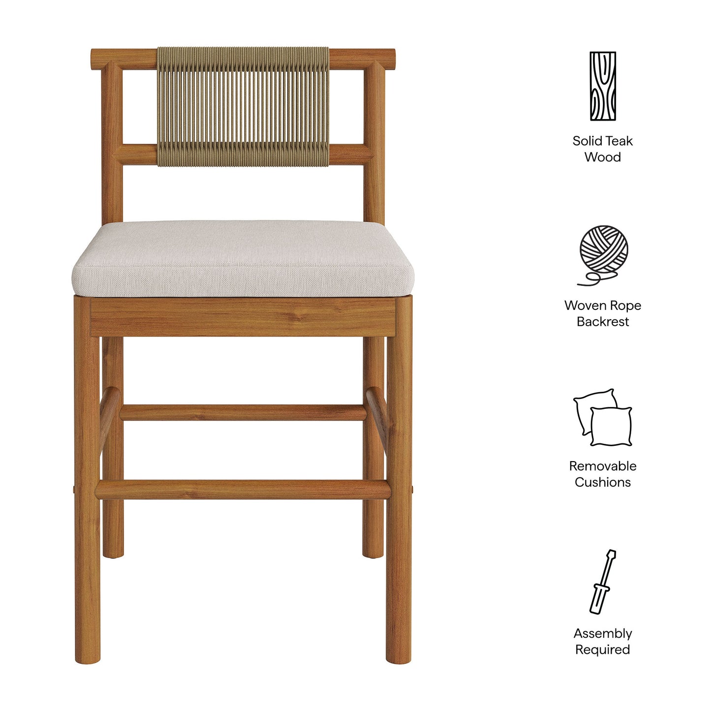Lyric Outdoor Patio Teak Wood Counter Stools Set of 2 in Natural Sail