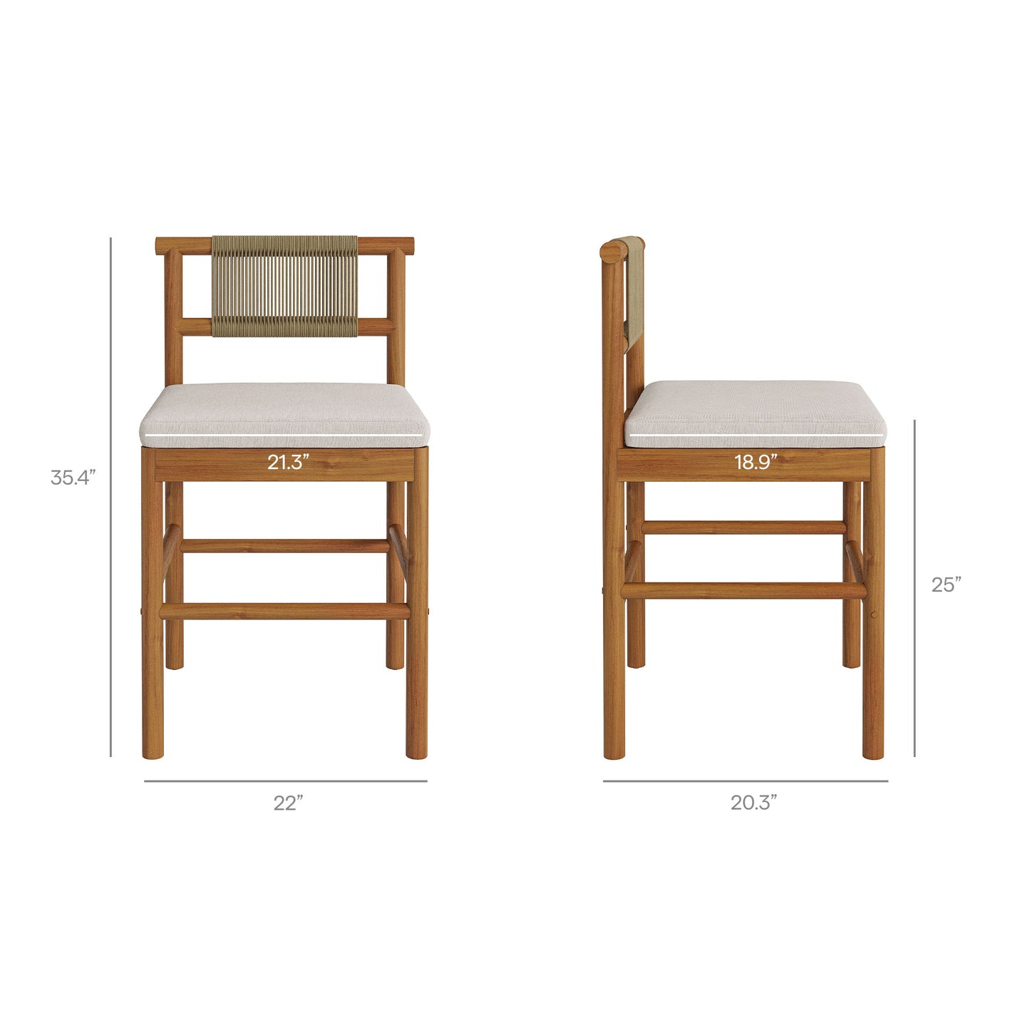 Lyric Outdoor Patio Teak Wood Counter Stools Set of 2 in Natural Sail