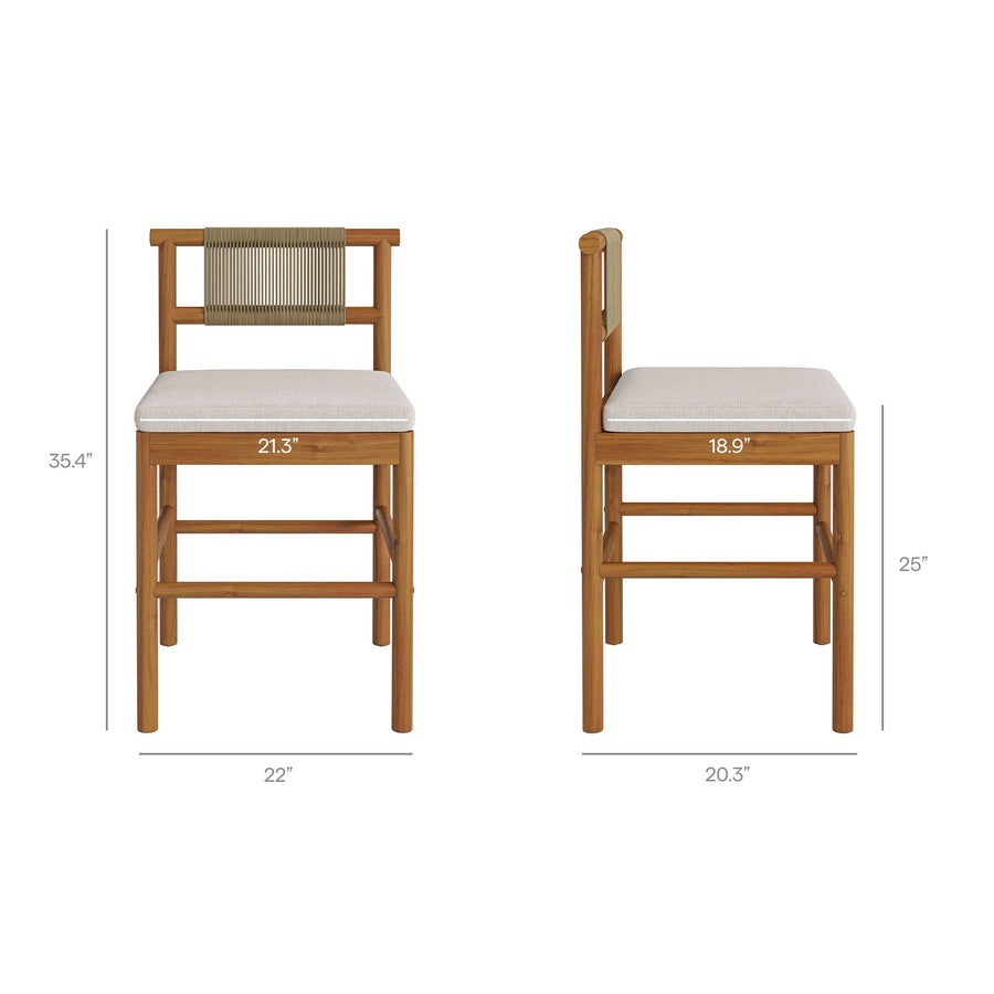 Lyric Outdoor Patio Teak Wood Counter Stools Set of 2 in Natural Sail