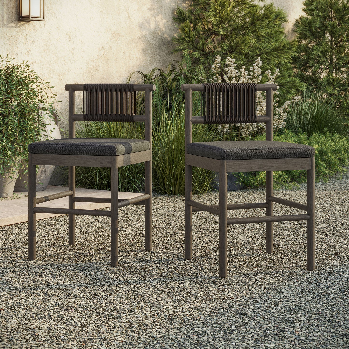 Lyric Outdoor Patio Teak Wood Counter Stools Set of 2 in Weathered Gray Flint