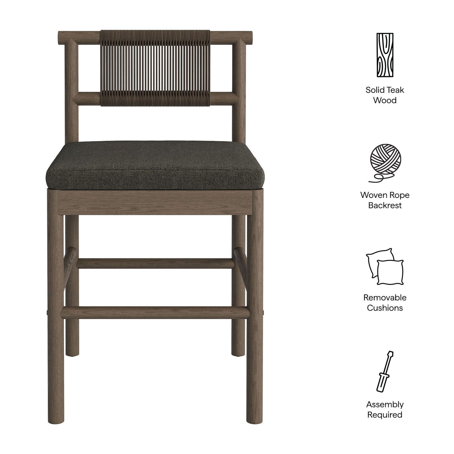 Lyric Outdoor Patio Teak Wood Counter Stools Set of 2 in Weathered Gray Flint