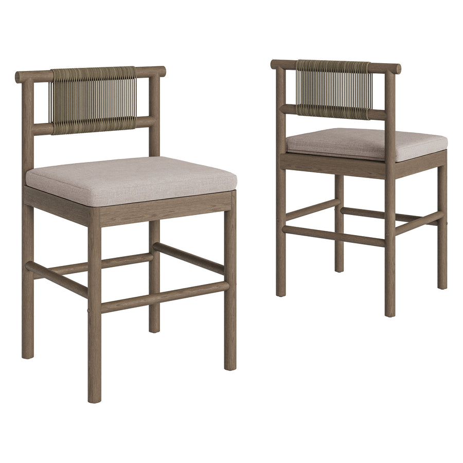 Lyric Outdoor Patio Teak Wood Counter Stools Set of 2 in Weathered Gray Pebble
