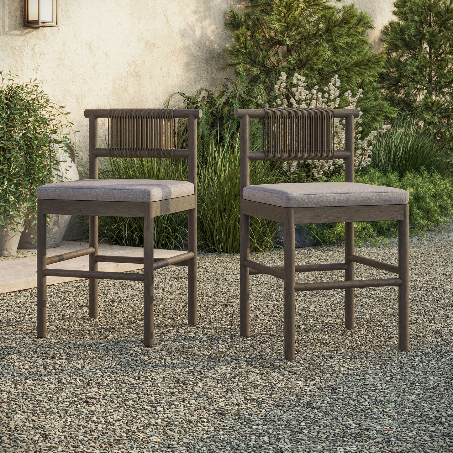 Lyric Outdoor Patio Teak Wood Counter Stools Set of 2 in Weathered Gray Pebble