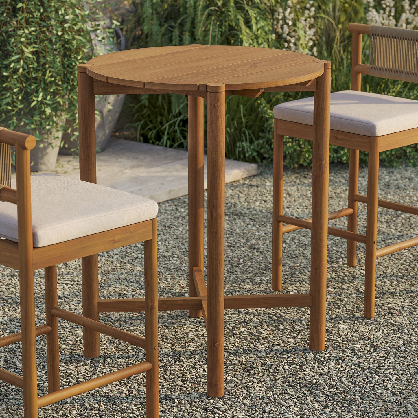 Lyric Round 35 Inch Outdoor Patio Teak Wood Round Bar Table in Natural
