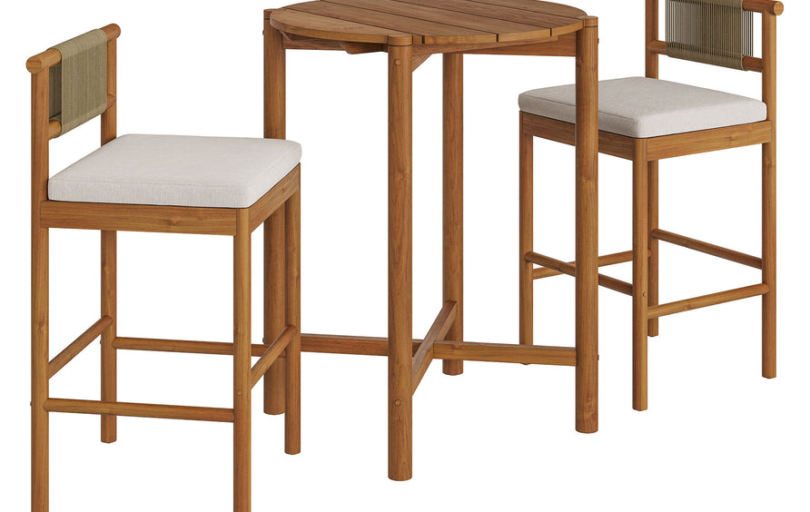 Lyric 3-Piece Outdoor Patio Teak Wood Bar Set in Natural Sail