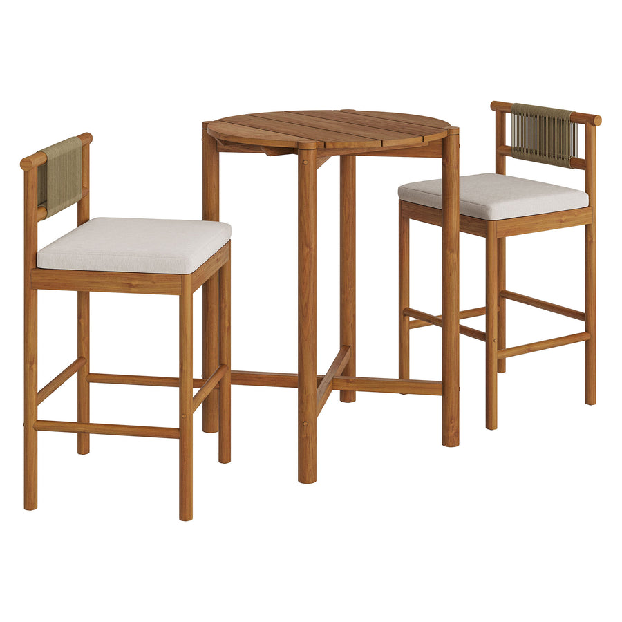 Lyric 3-Piece Outdoor Patio Teak Wood Bar Set in Natural Sail