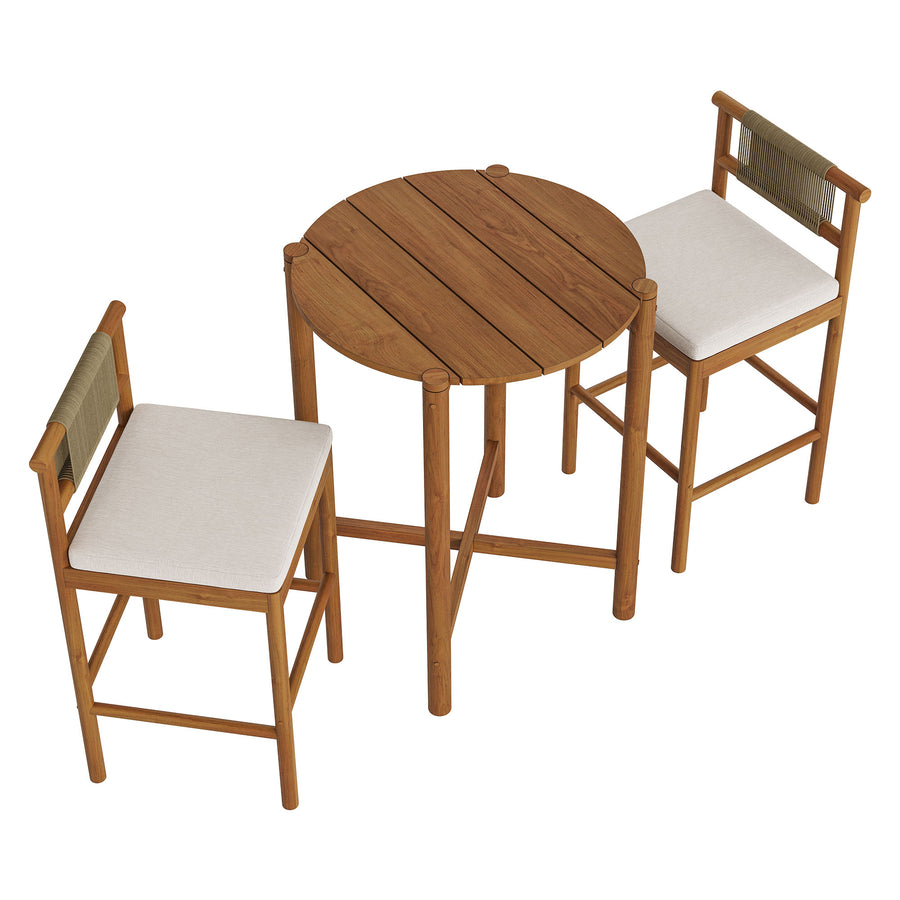Lyric 3-Piece Outdoor Patio Teak Wood Bar Set in Natural Sail
