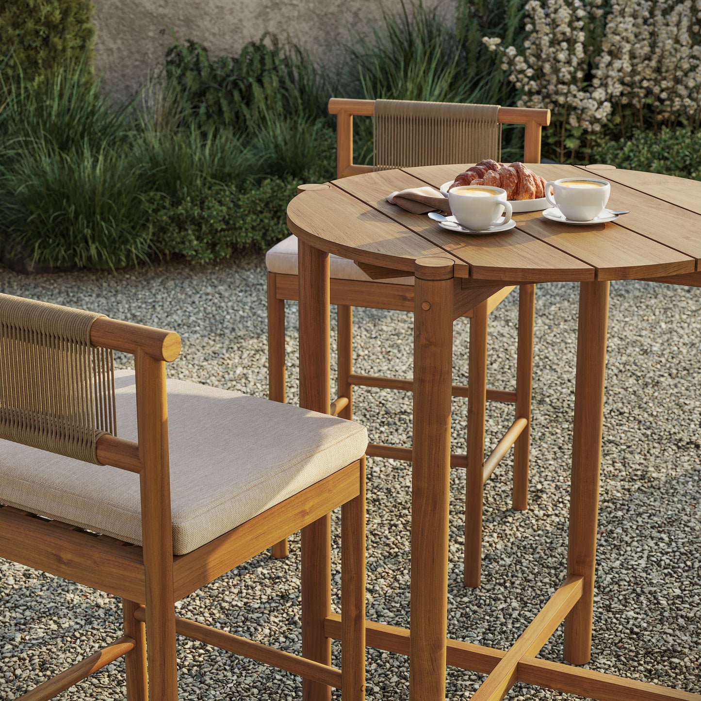 Lyric 3-Piece Outdoor Patio Teak Wood Bar Set in Natural Sail