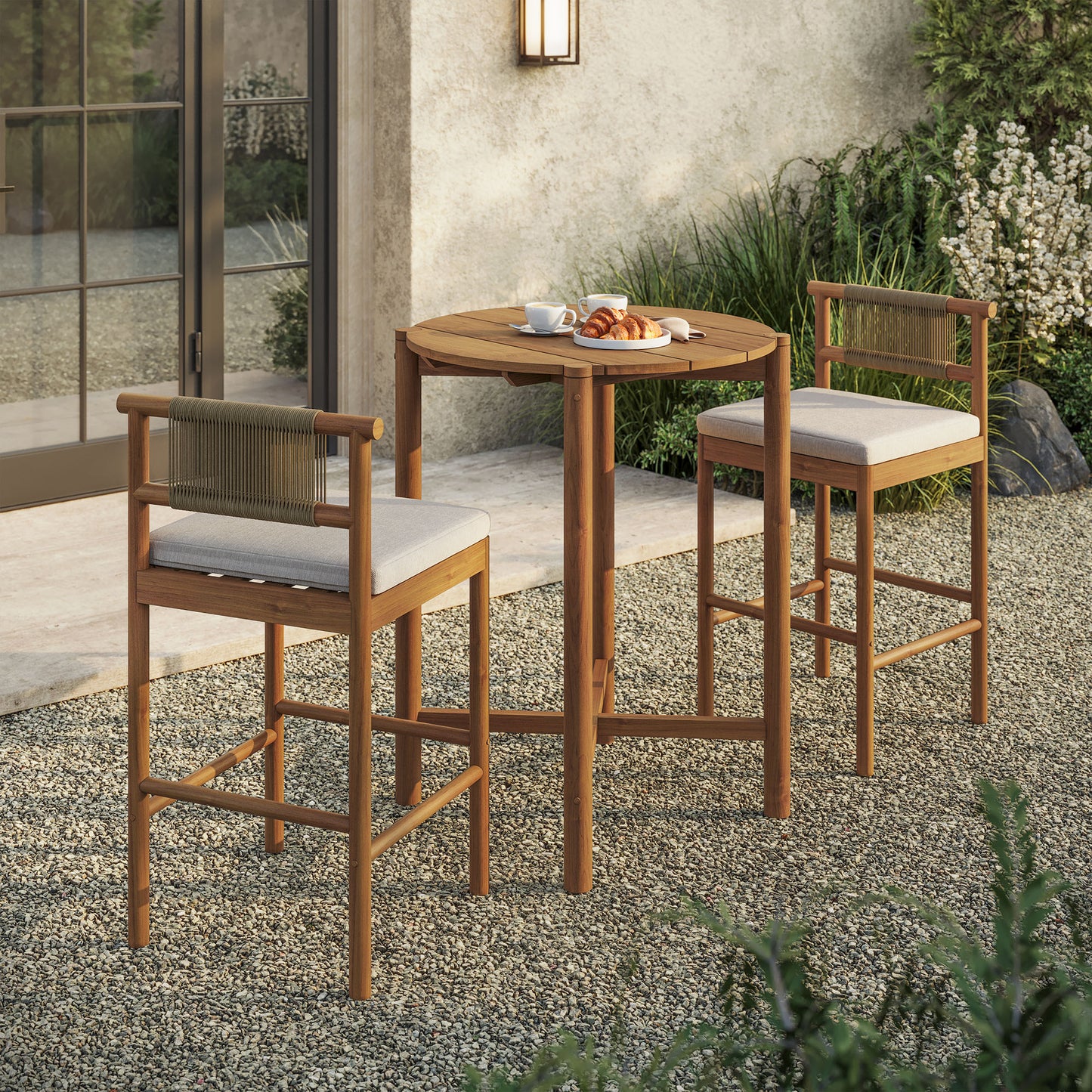 Lyric 3-Piece Outdoor Patio Teak Wood Bar Set in Natural Sail