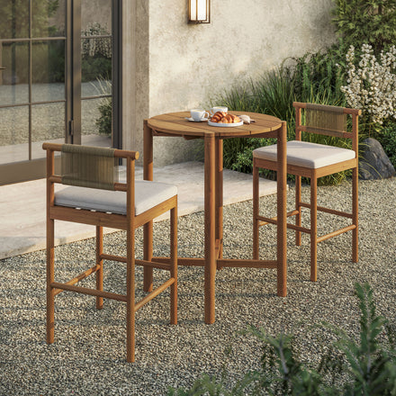 Eleni 3-Piece Outdoor Patio Teak Wood Bar Set in Natural Sail