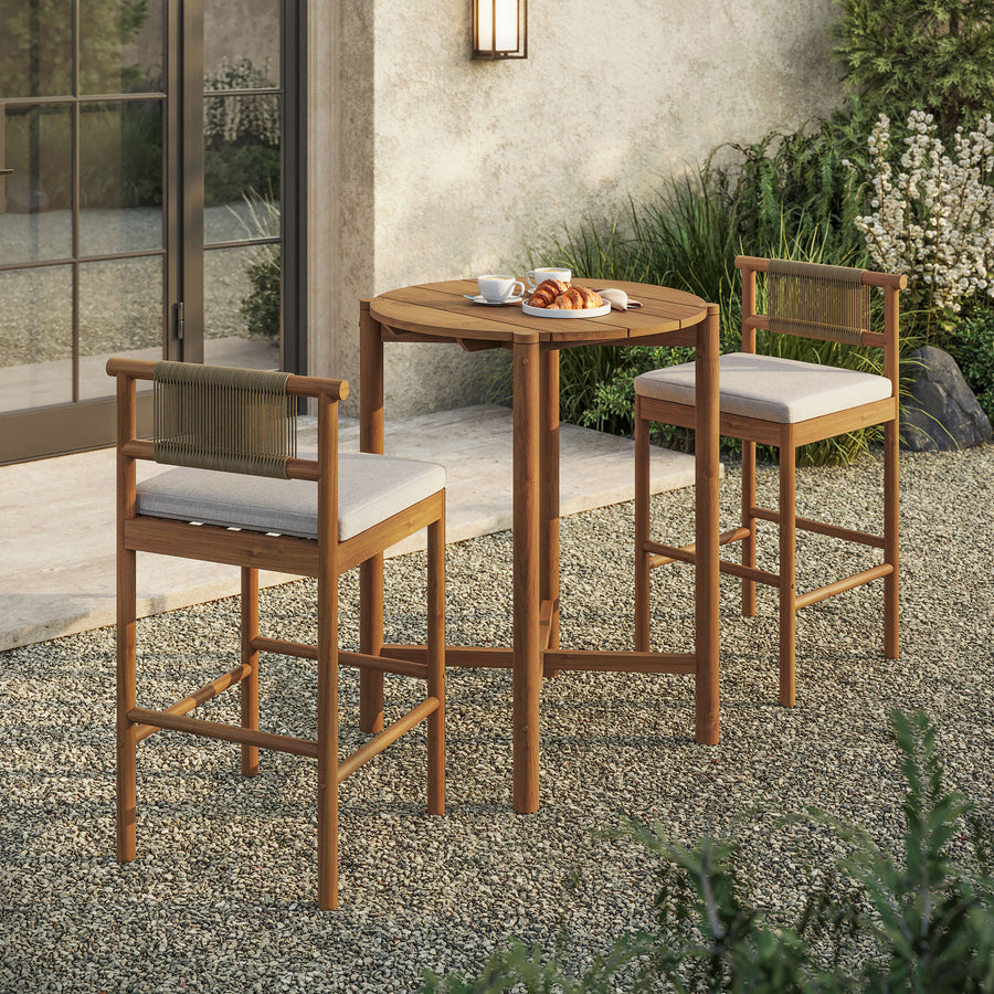 Lyric 3-Piece Outdoor Patio Teak Wood Bar Set in Natural Sail