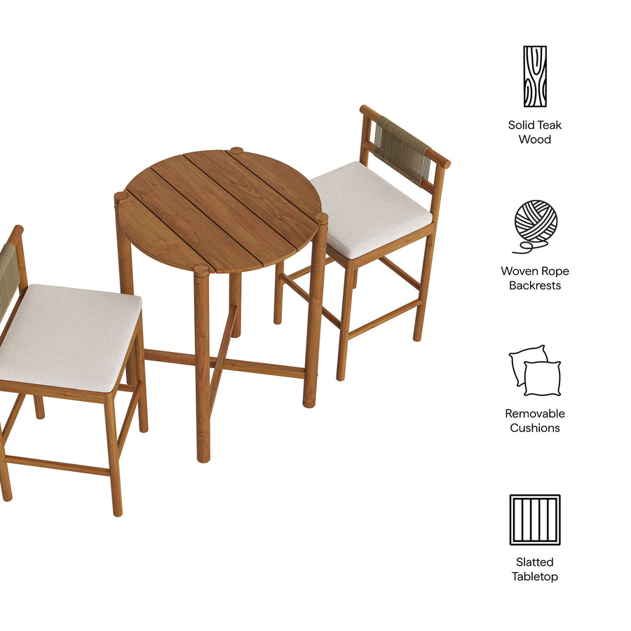 Lyric 3-Piece Outdoor Patio Teak Wood Bar Set in Natural Sail