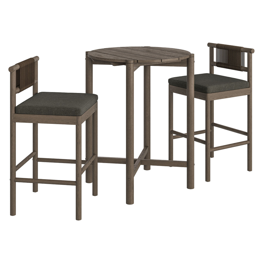 Lyric 3-Piece Outdoor Patio Teak Wood Bar Set in Weathered Gray Flint