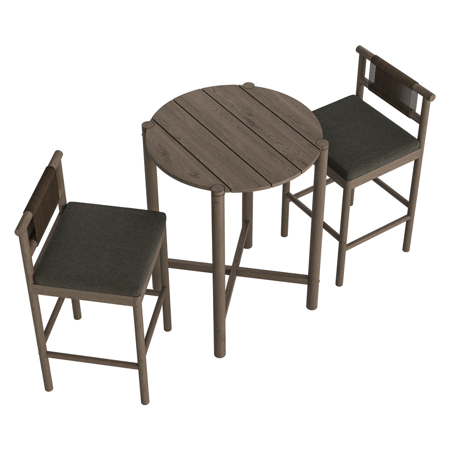 Lyric 3-Piece Outdoor Patio Teak Wood Bar Set in Weathered Gray Flint