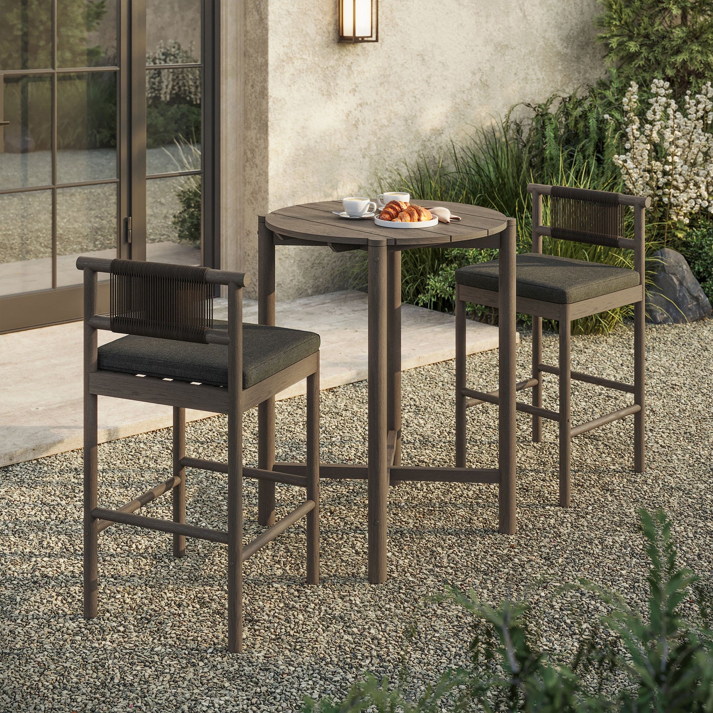 Lyric 3-Piece Outdoor Patio Teak Wood Bar Set in Weathered Gray Flint