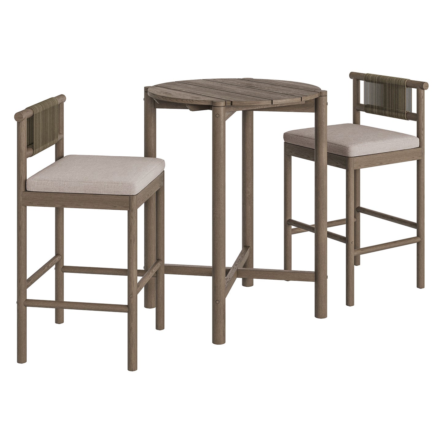 Lyric 3-Piece Outdoor Patio Teak Wood Bar Set in Weathered Gray Pebble