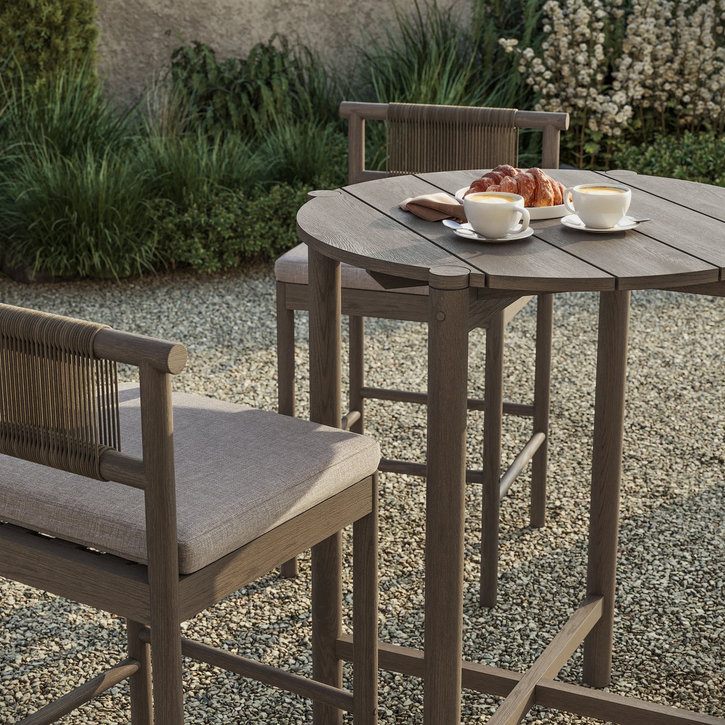 Lyric 3-Piece Outdoor Patio Teak Wood Bar Set in Weathered Gray Pebble