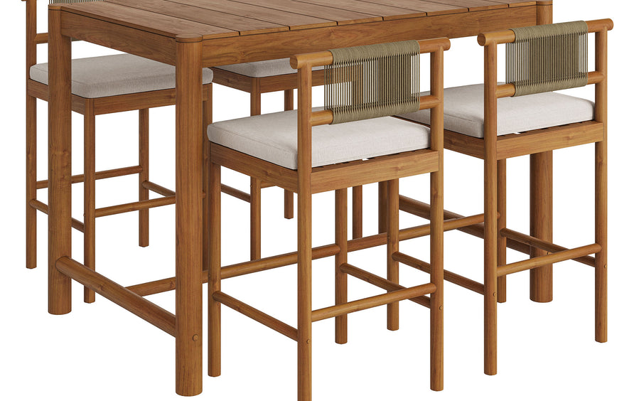 Lyric 5-Piece Outdoor Patio Teak Wood Bar Set in Natural Sail