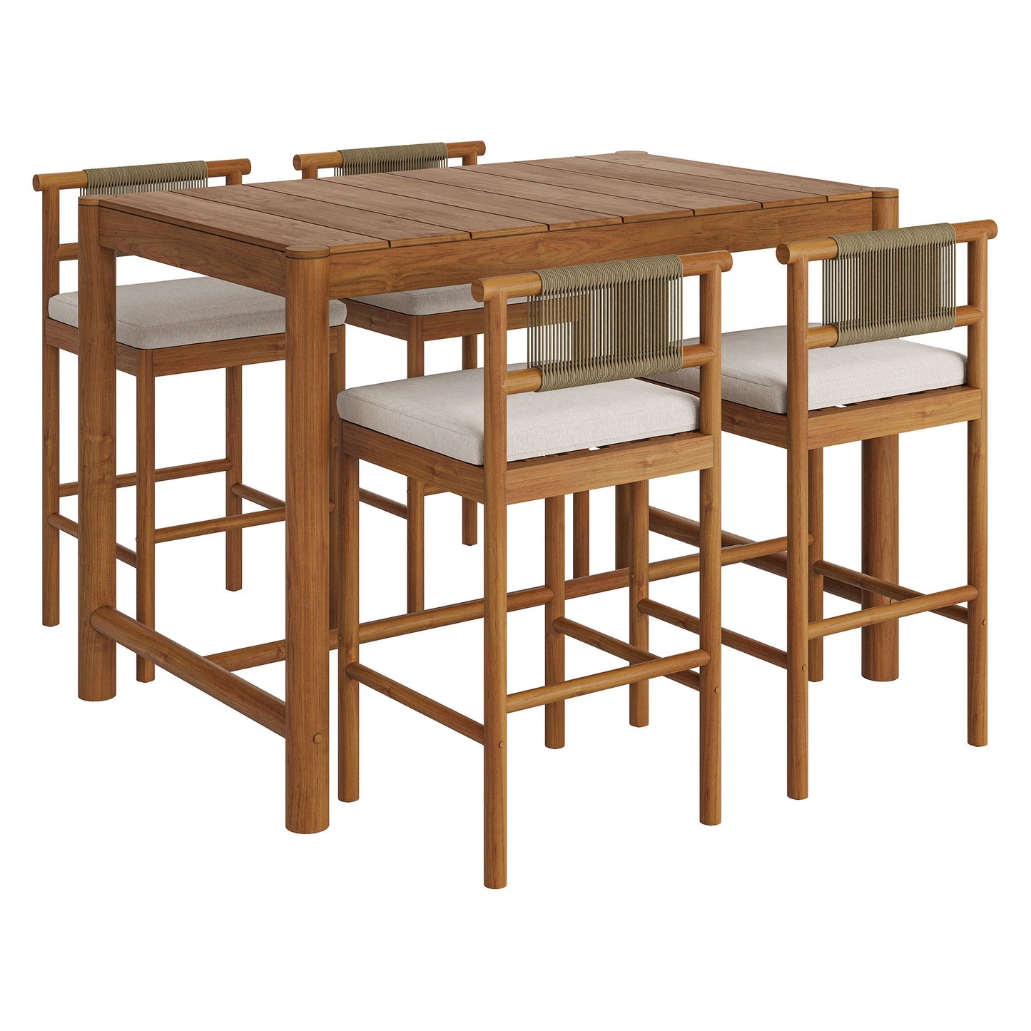Lyric 5-Piece Outdoor Patio Teak Wood Bar Set in Natural Sail