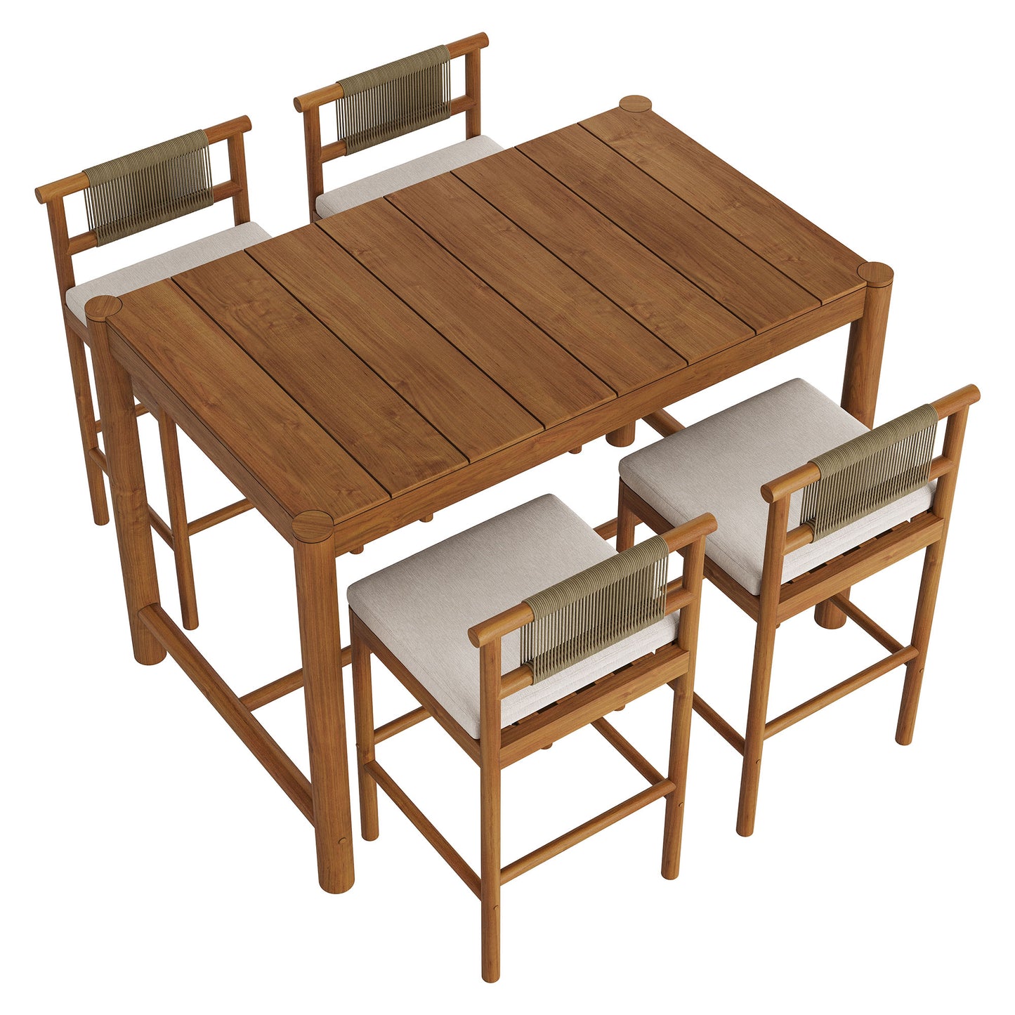 Lyric 5-Piece Outdoor Patio Teak Wood Bar Set in Natural Sail