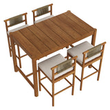 Lyric 5-Piece Outdoor Patio Teak Wood Bar Set in Natural Sail
