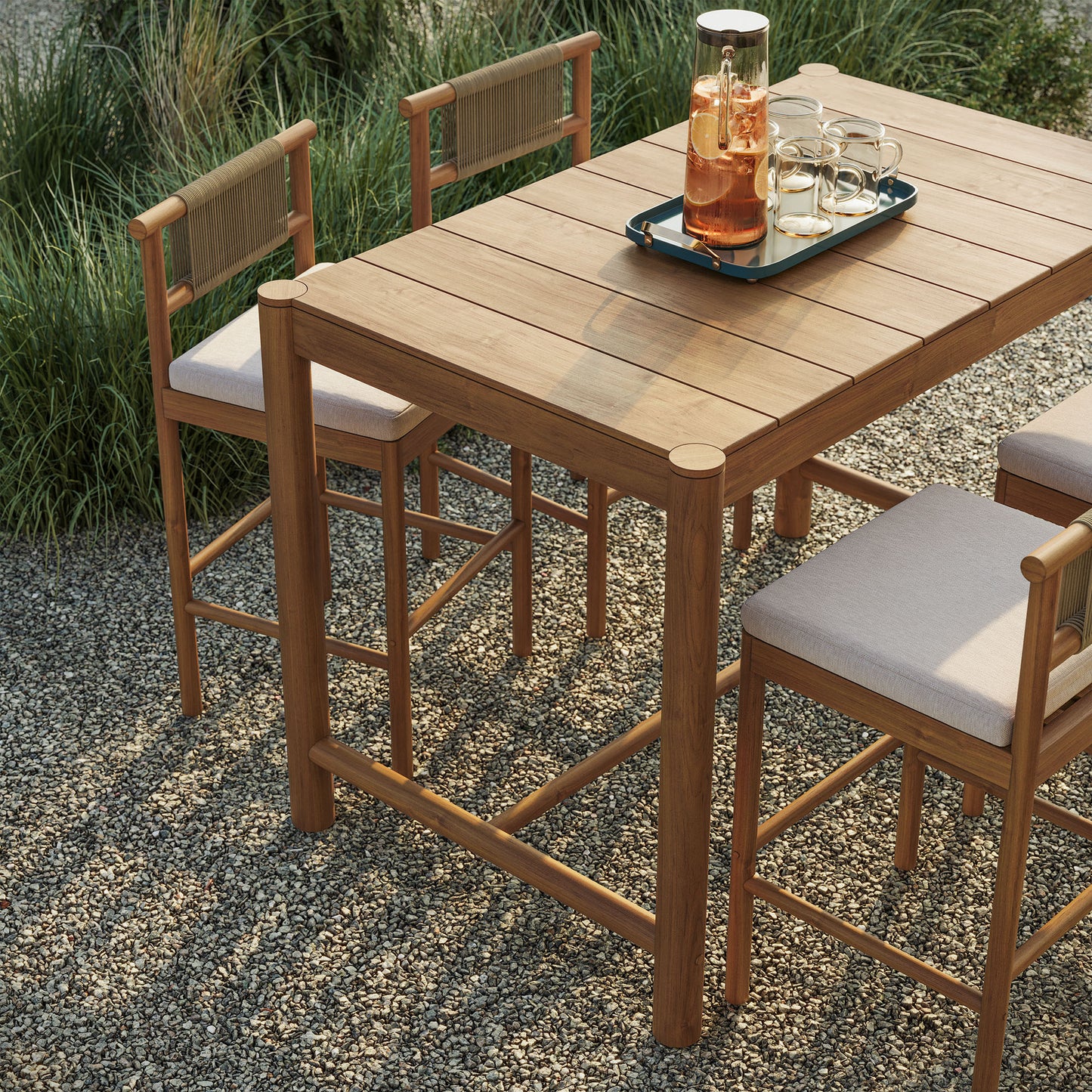 Lyric 5-Piece Outdoor Patio Teak Wood Bar Set in Natural Sail