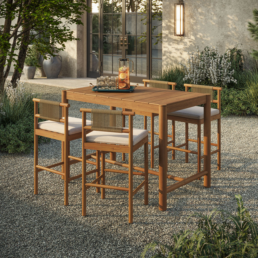 Lyric 5-Piece Outdoor Patio Teak Wood Bar Set in Natural Sail