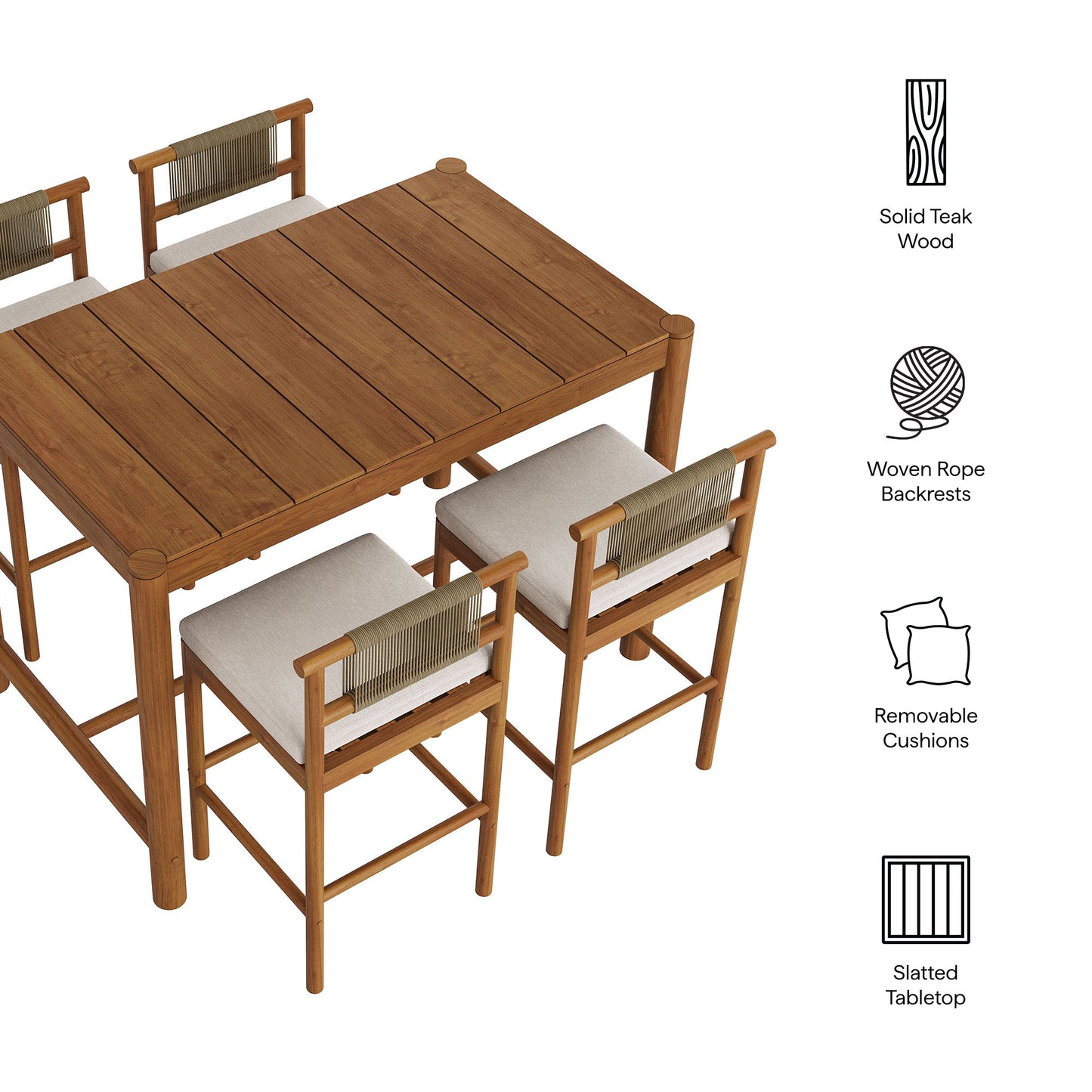 Lyric 5-Piece Outdoor Patio Teak Wood Bar Set in Natural Sail