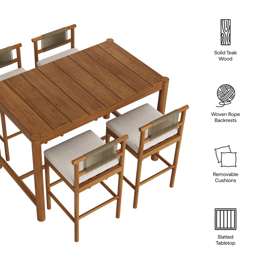 Lyric 5-Piece Outdoor Patio Teak Wood Bar Set in Natural Sail