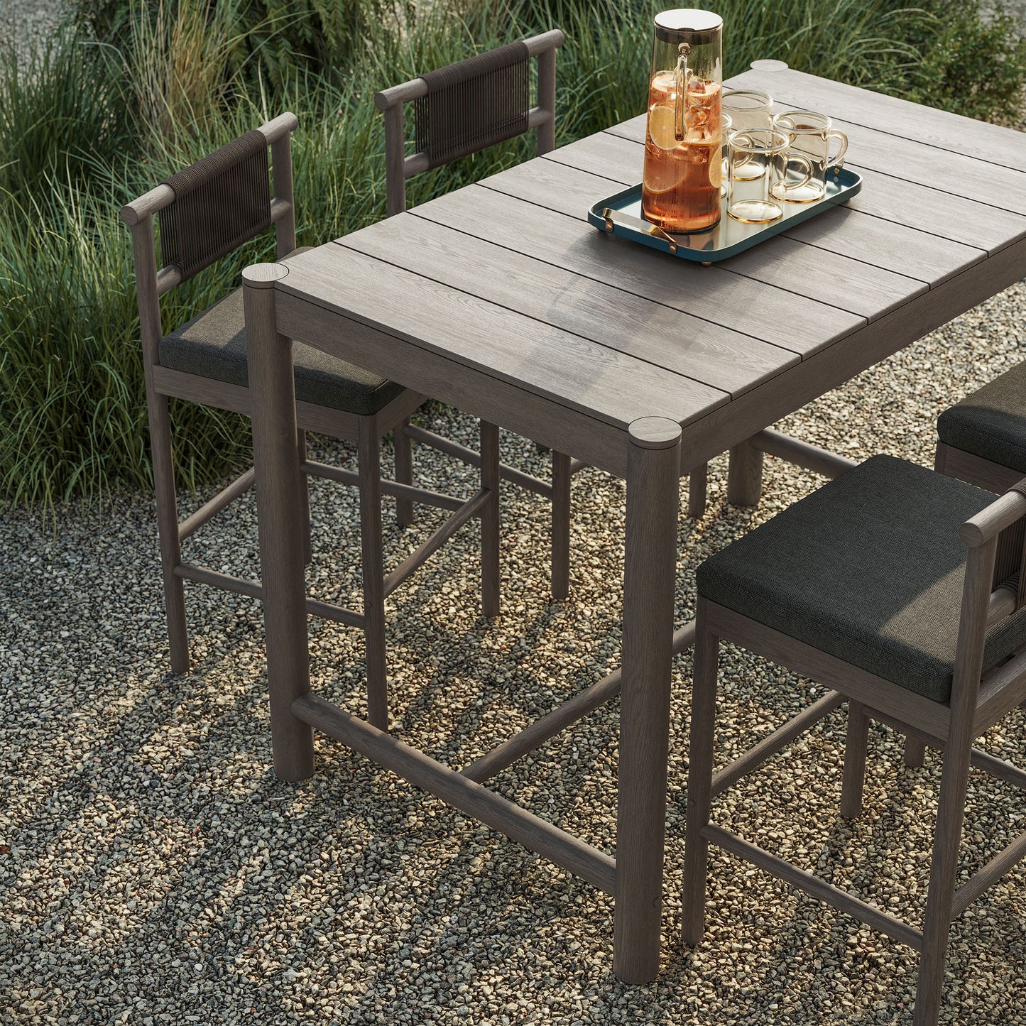 Lyric 5-Piece Outdoor Patio Teak Wood Bar Set in Weathered Gray Flint