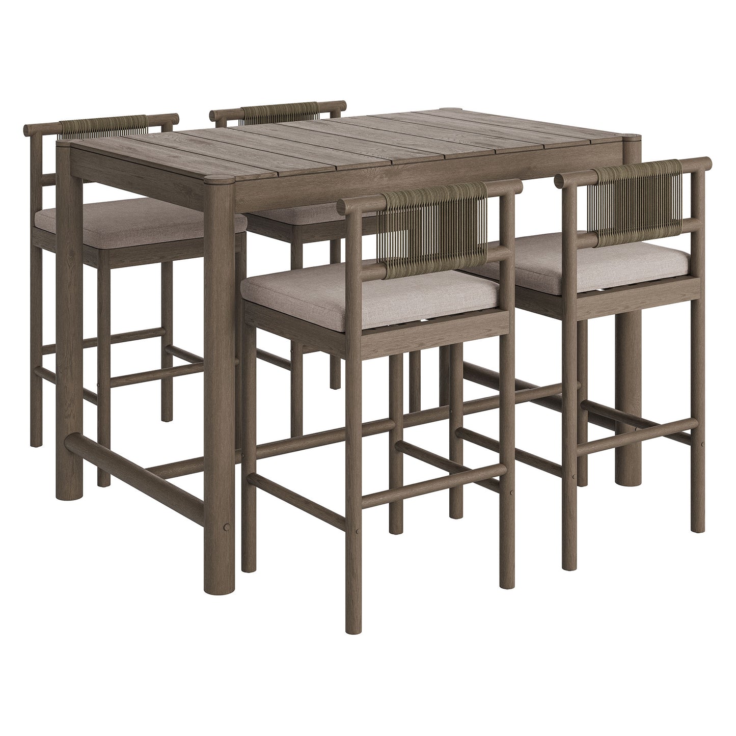 Lyric 5-Piece Outdoor Patio Teak Wood Bar Set in Weathered Gray Pebble
