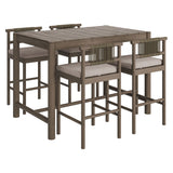 Lyric 5-Piece Outdoor Patio Teak Wood Bar Set in Weathered Gray Pebble