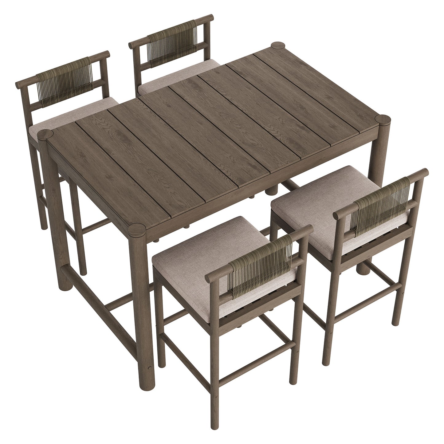 Lyric 5-Piece Outdoor Patio Teak Wood Bar Set in Weathered Gray Pebble