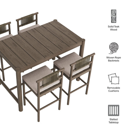 Eleni 5-Piece Outdoor Patio Teak Wood Bar Set in Weathered Gray Pebble