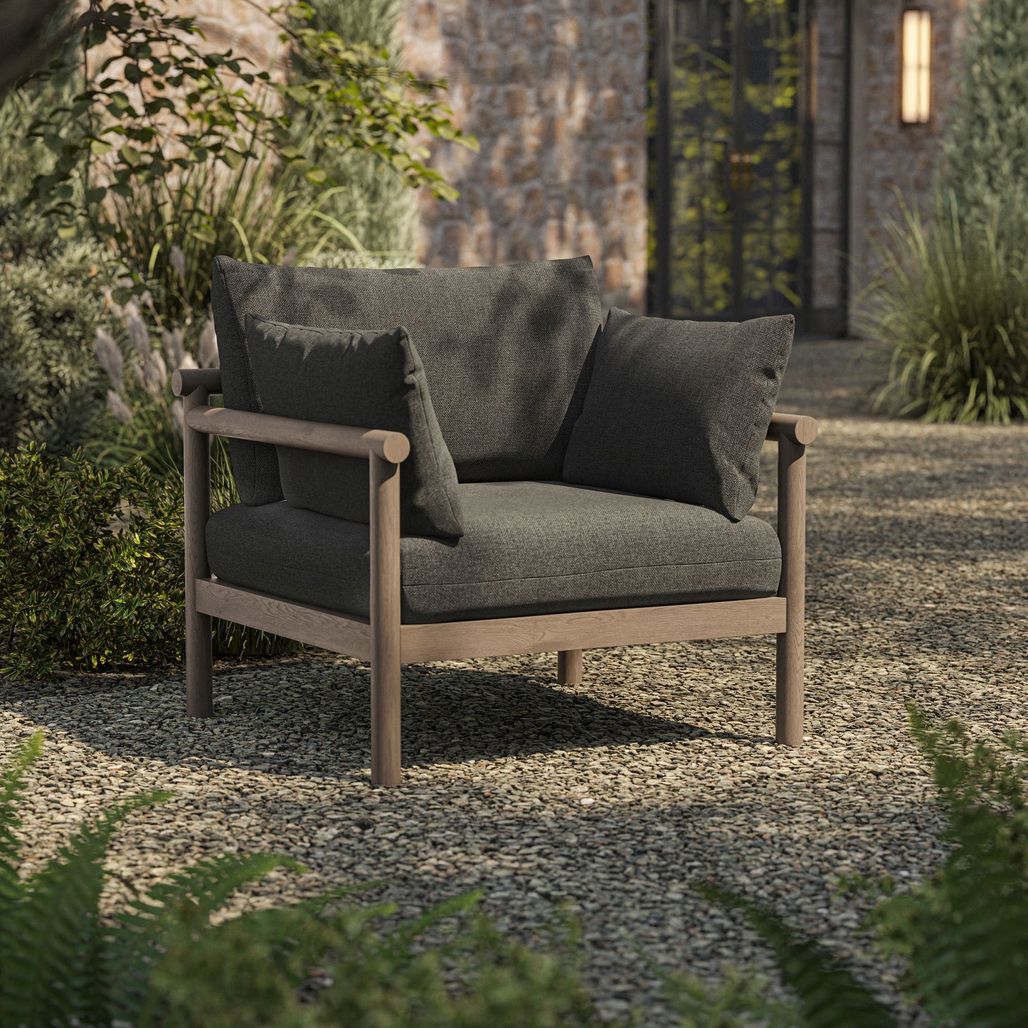 Lyric Outdoor Patio Teak Wood Armchair in Weathered Gray Flint