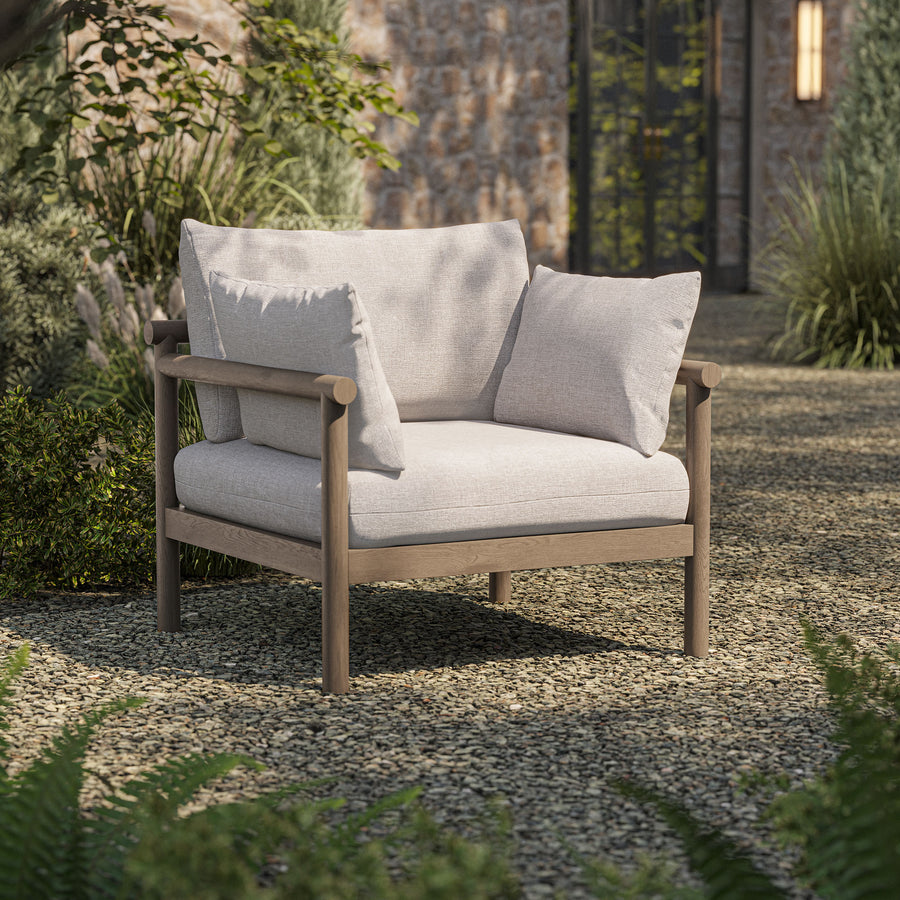 Lyric Outdoor Patio Teak Wood Armchair in Weathered Gray Pebble