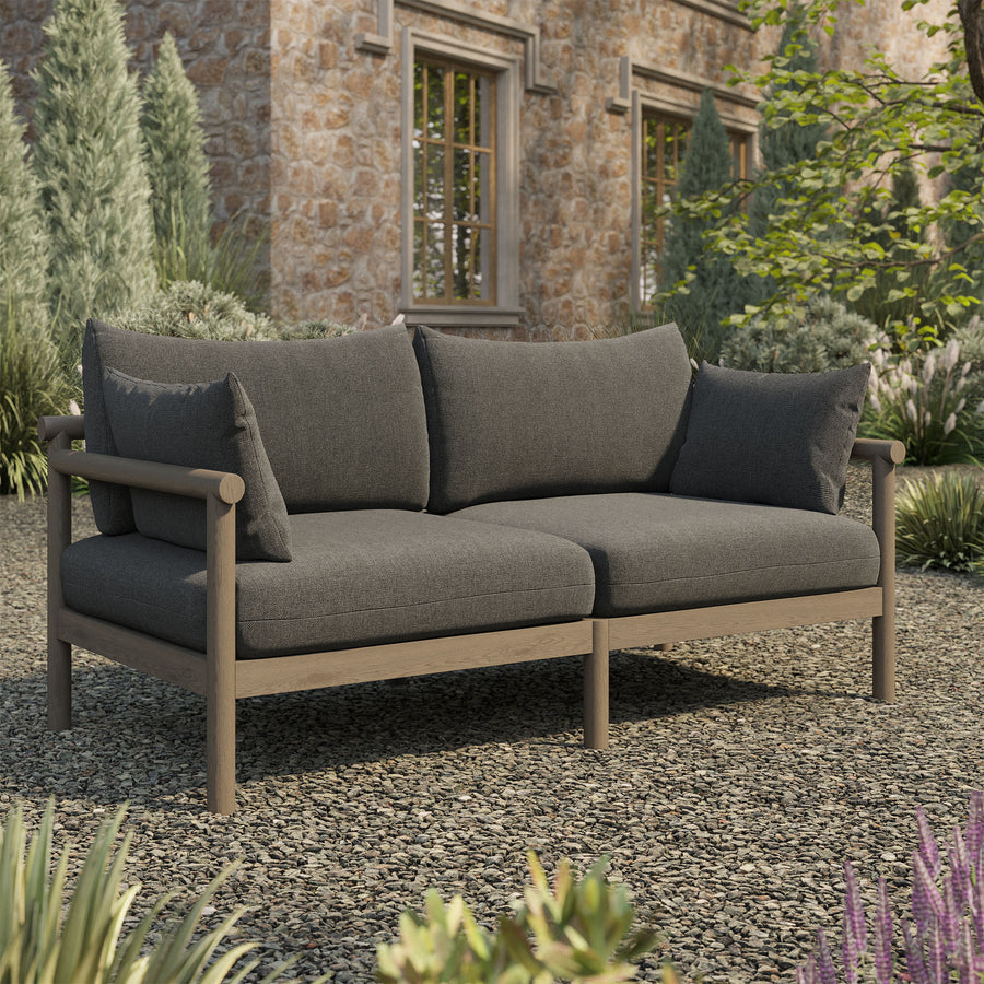 Lyric Outdoor Patio Teak Wood Loveseat in Weathered Gray Flint