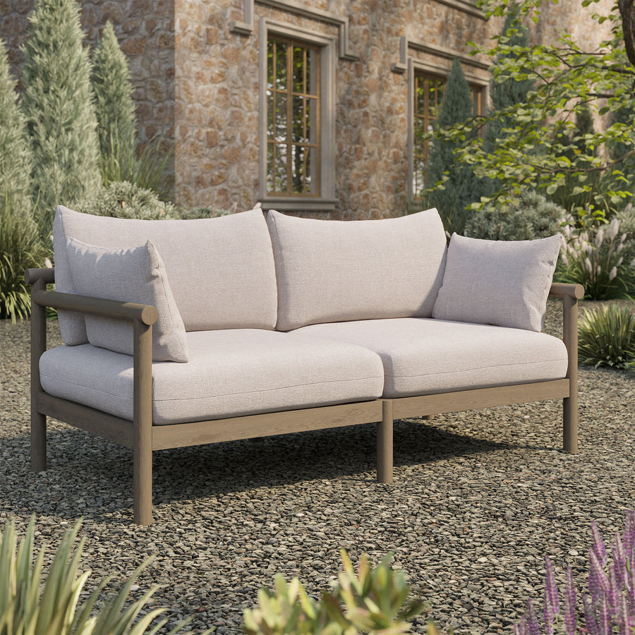 Lyric Outdoor Patio Teak Wood Loveseat in Weathered Gray Pebble