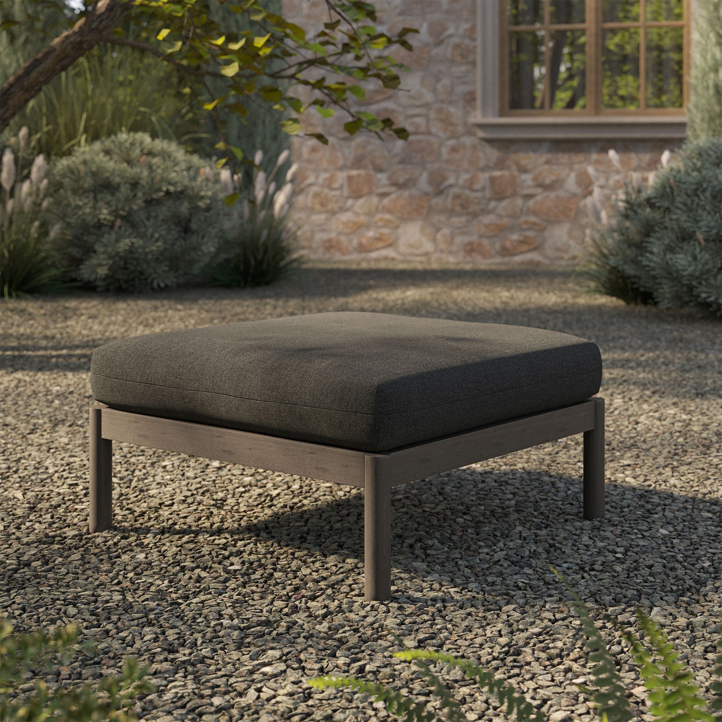Lyric Square Outdoor Patio Teak Wood Ottoman in Weathered Gray Flint
