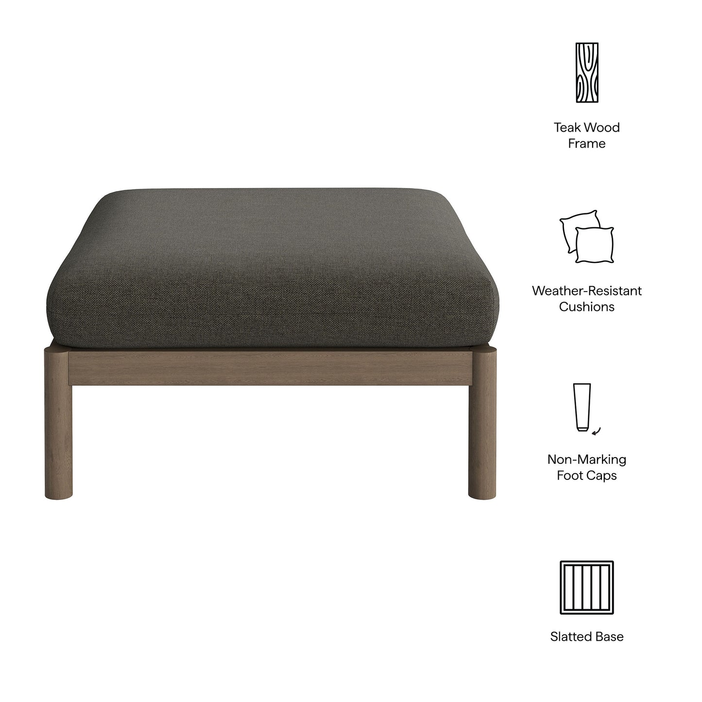Lyric Square Outdoor Patio Teak Wood Ottoman in Weathered Gray Flint