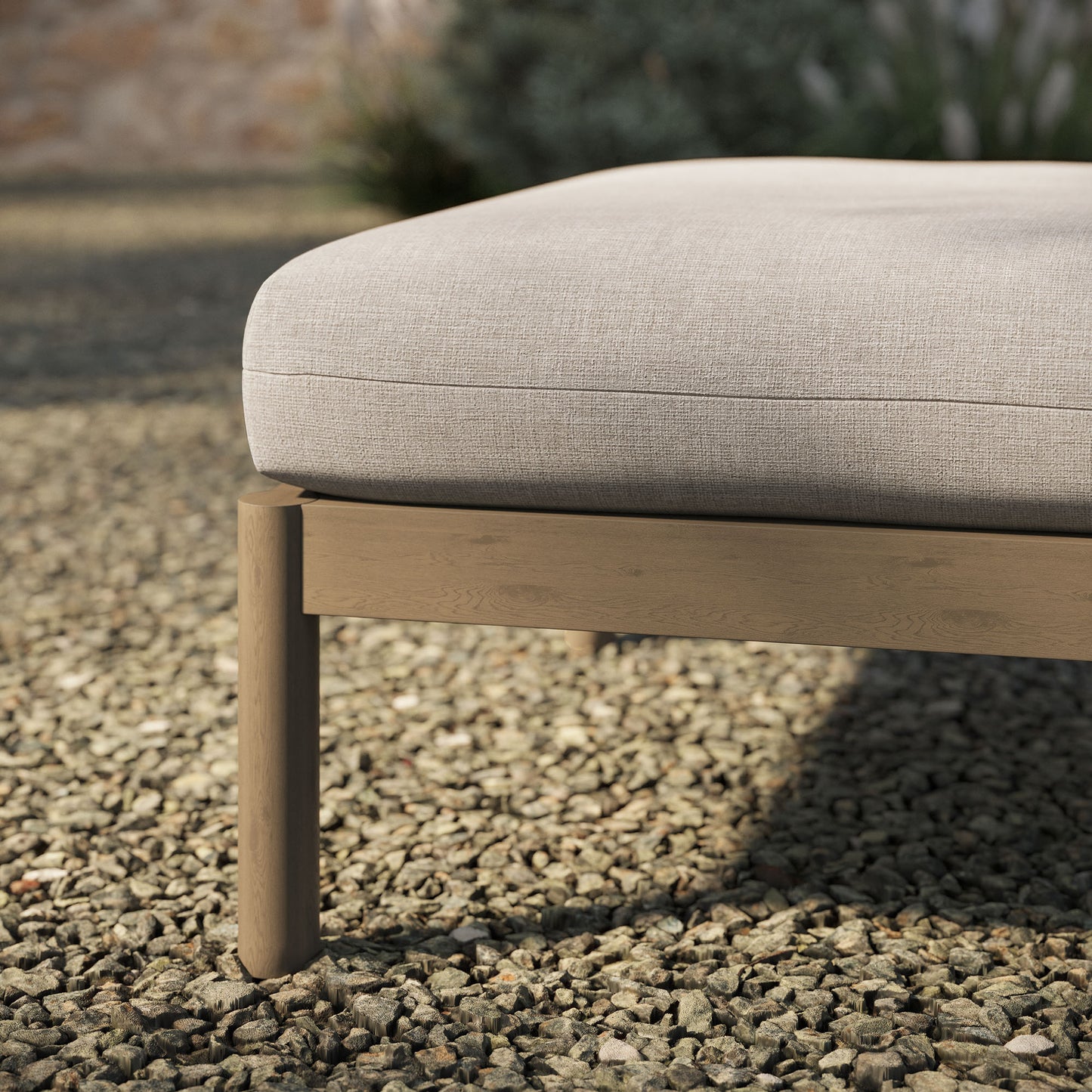 Lyric Square Outdoor Patio Teak Wood Ottoman in Weathered Gray Pebble