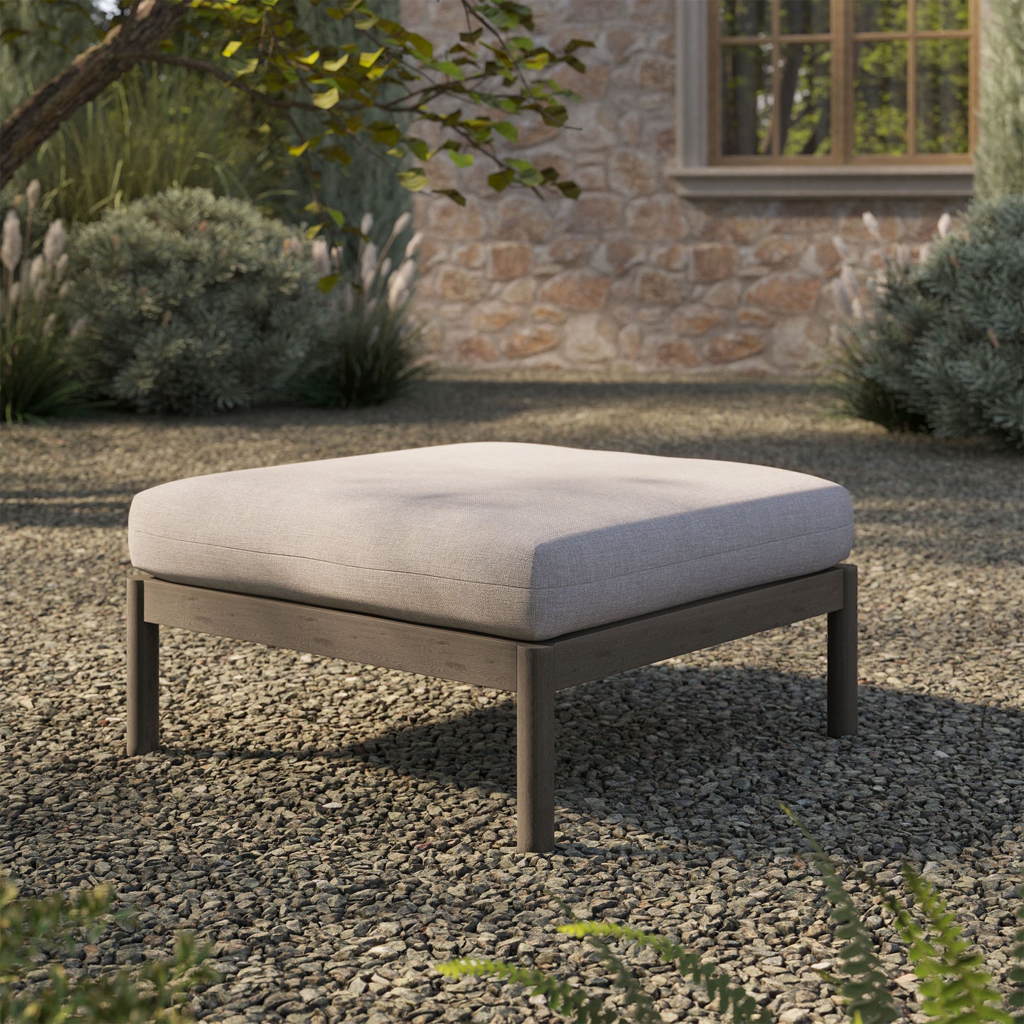 Lyric Square Outdoor Patio Teak Wood Ottoman in Weathered Gray Pebble