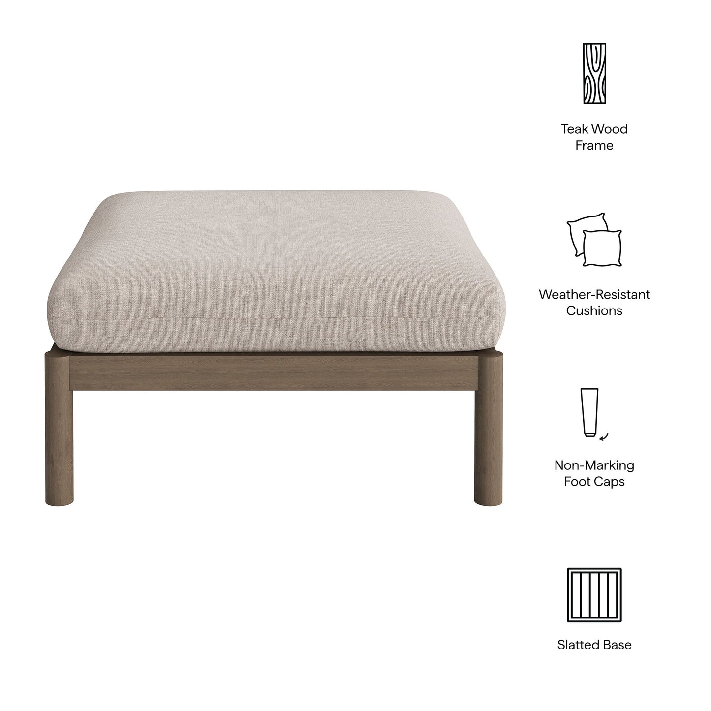 Lyric Square Outdoor Patio Teak Wood Ottoman in Weathered Gray Pebble
