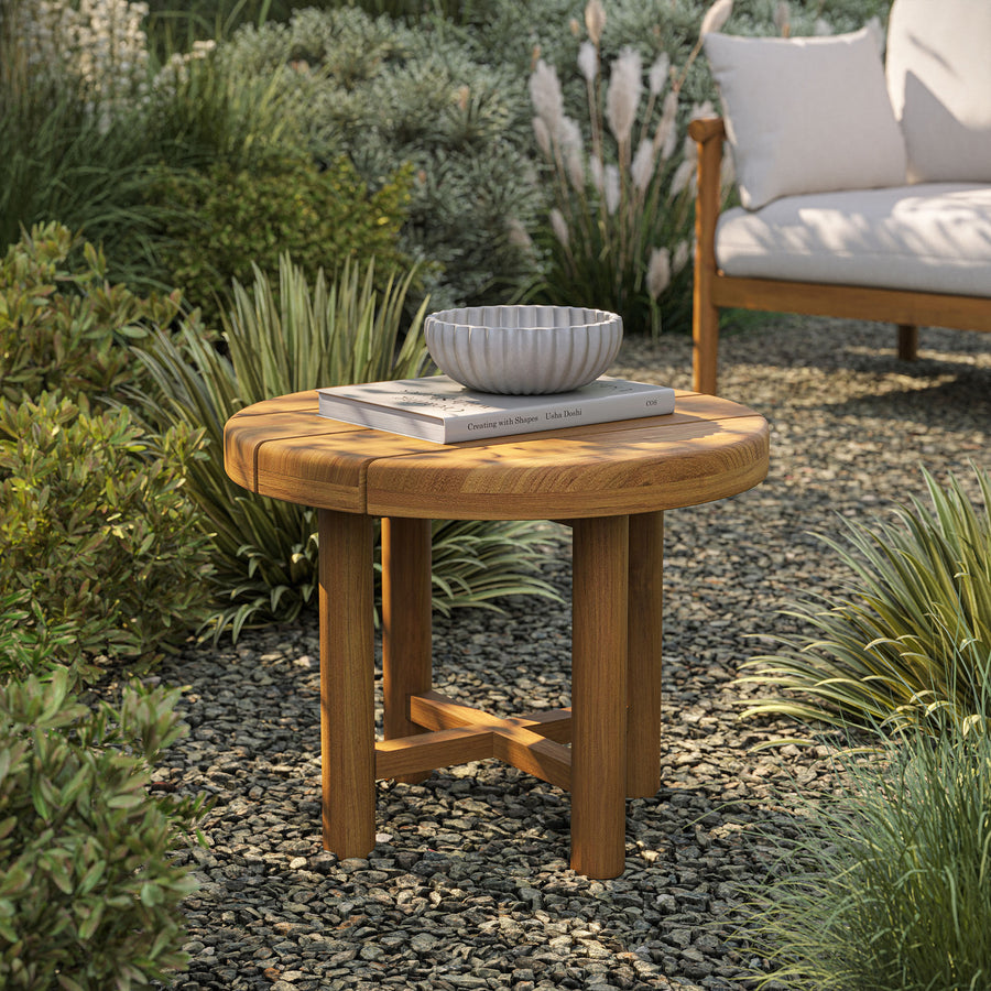 Lyric 20-Inch Round Outdoor Patio Teak Wood Side Table in Natural