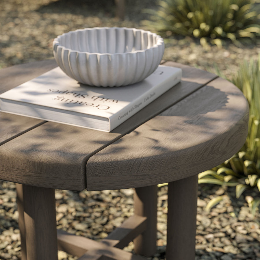 Lyric 20-Inch Round Outdoor Patio Teak Wood Side Table in Weathered Gray Teak