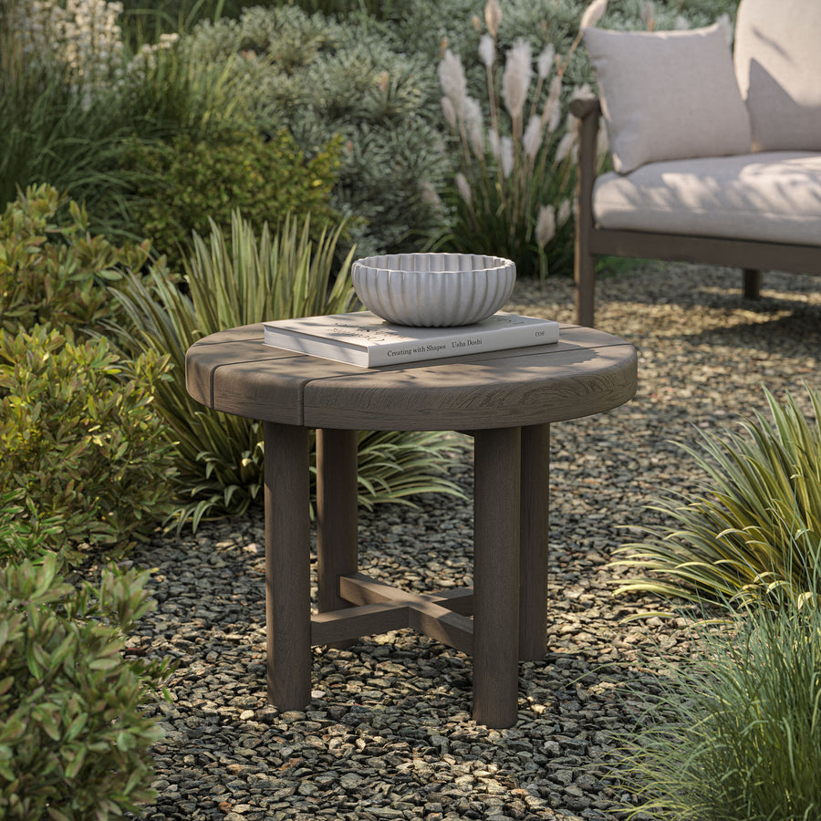 Lyric 20-Inch Round Outdoor Patio Teak Wood Side Table in Weathered Gray Teak