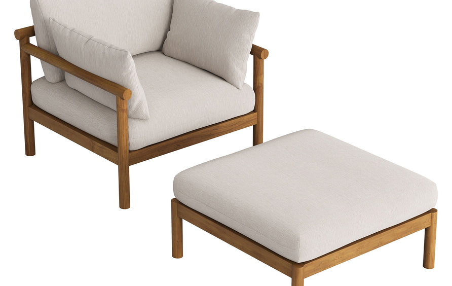 Lyric 2-Piece Outdoor Patio Teak Wood Armchair and Ottoman Set in Natural Sail
